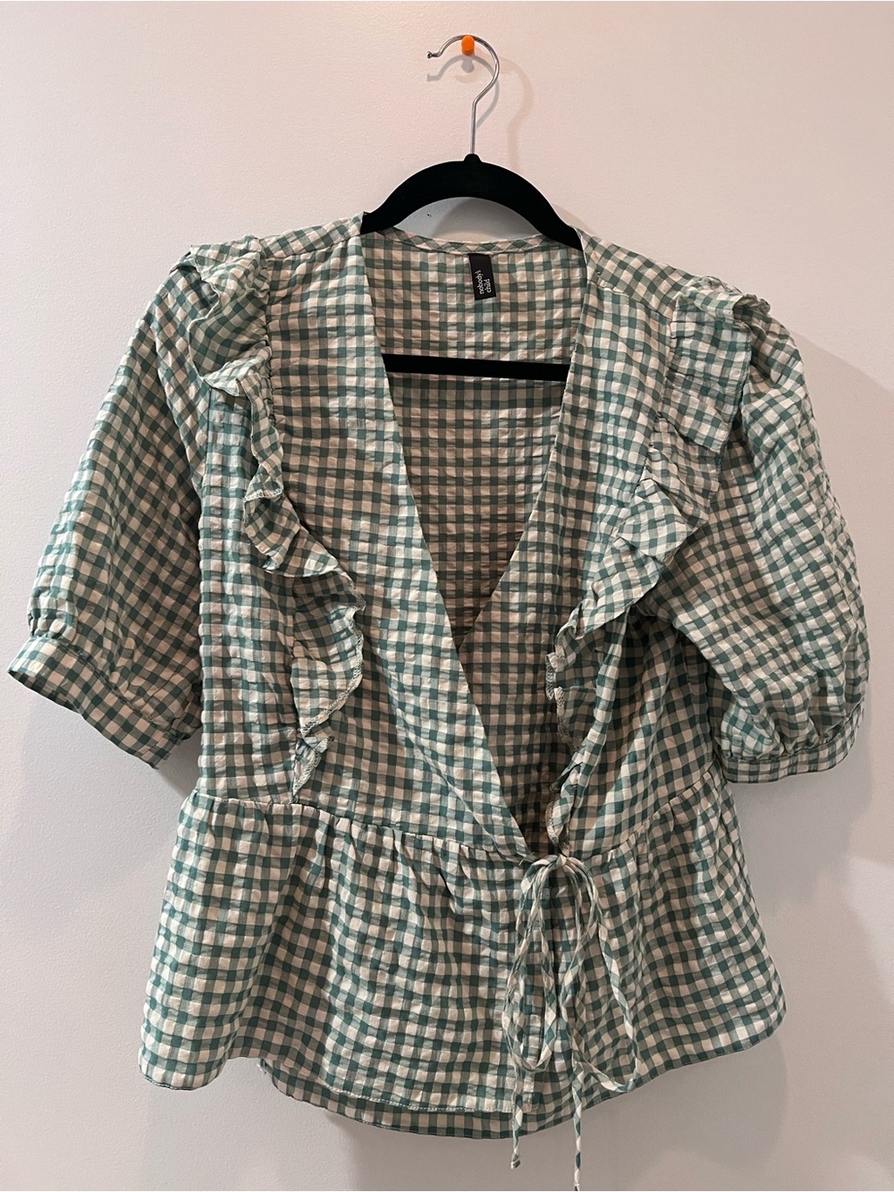 Unknown Brand Green Gingham Ruffle Wrap Top